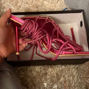 Pink sparkly strap up Azalea Wang Skinny heels